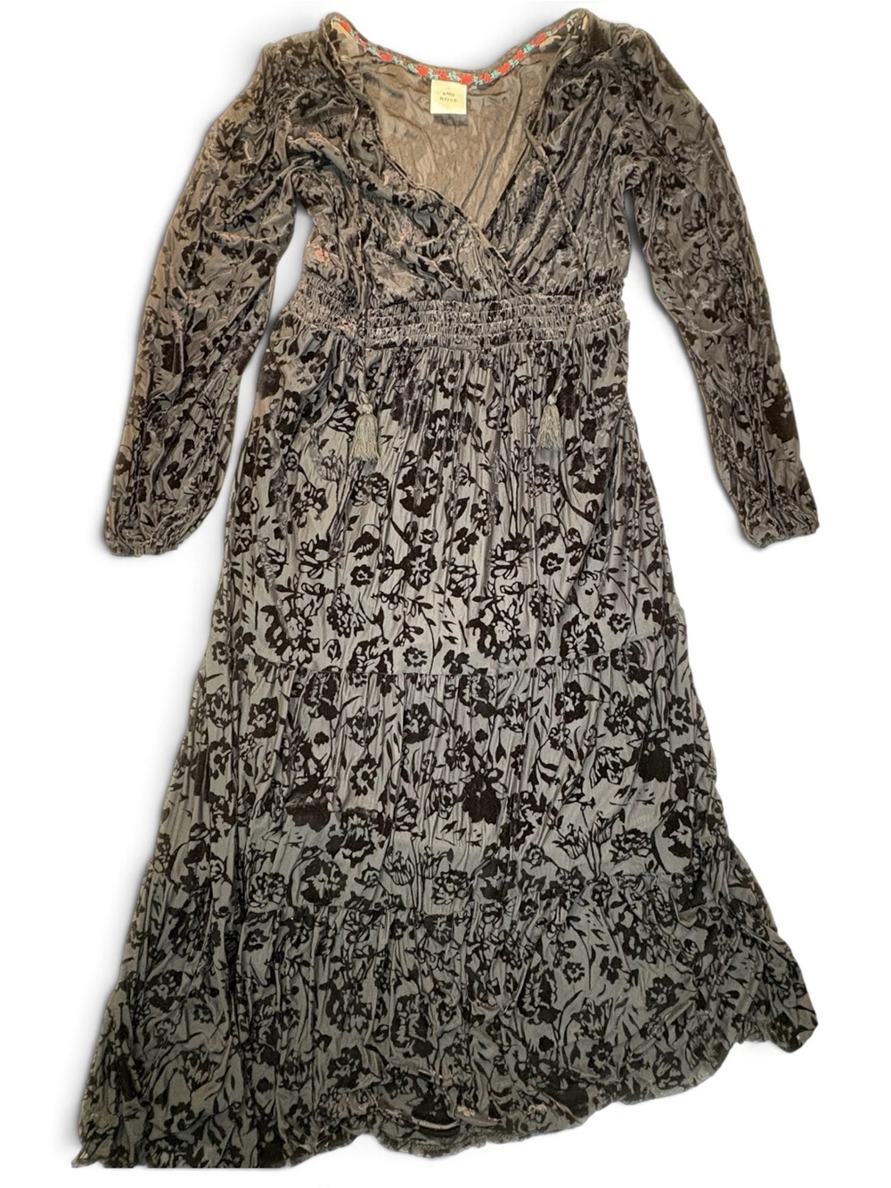 Knox Rose Black Floral Velvet Burnout Long Sleeve Maxi Dress romantic boho L